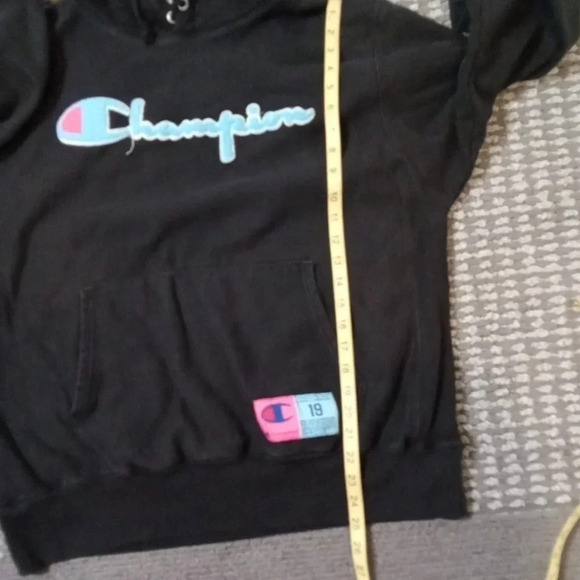 Champion black blue reverse Weave script hoodie sweatshirt size large women - Picture 7 of 8
